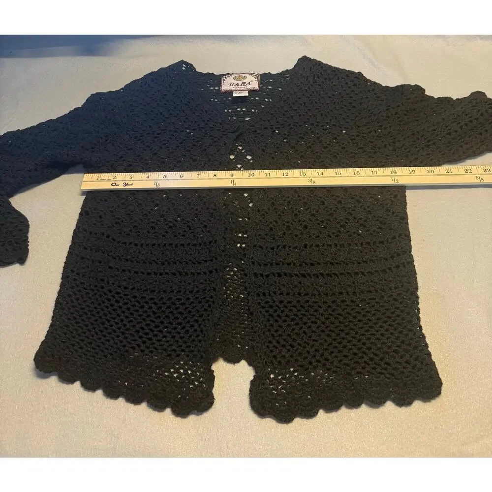 Vintage Tiara Petites Black Crochet Button Front Cardigan PM Ramie Cotton Boho